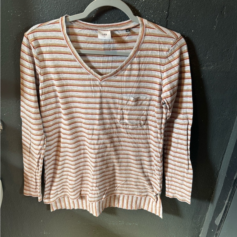 CAbi Red,Gold and‎ Grey Striped V-Neck Long Sleeve Top